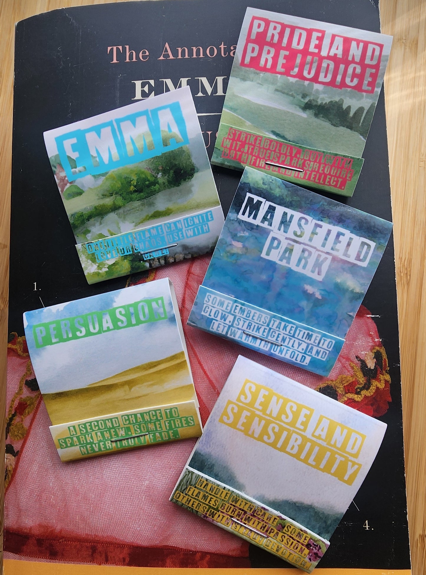 Set of 5 Literary Handmade Safety Matchbook inspired by Jane Austen | Funny Bookish Goods | Decorative Novelty Matches | Pride and Prejudice Emma