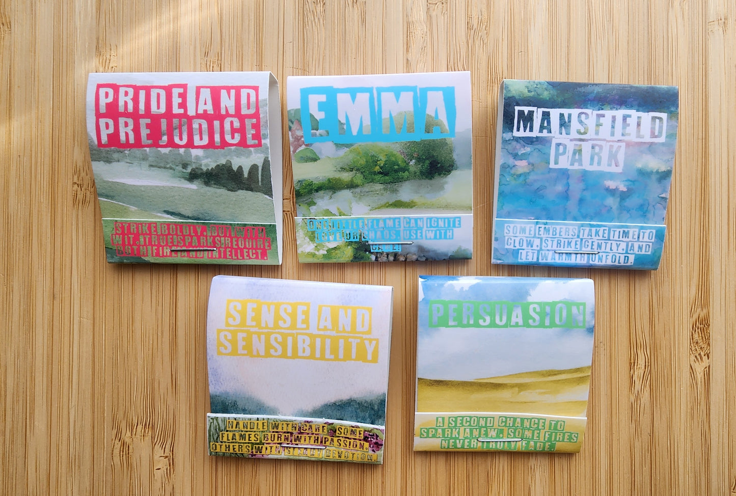 Set of 5 Literary Handmade Safety Matchbook inspired by Jane Austen | Funny Bookish Goods | Decorative Novelty Matches | Pride and Prejudice Emma