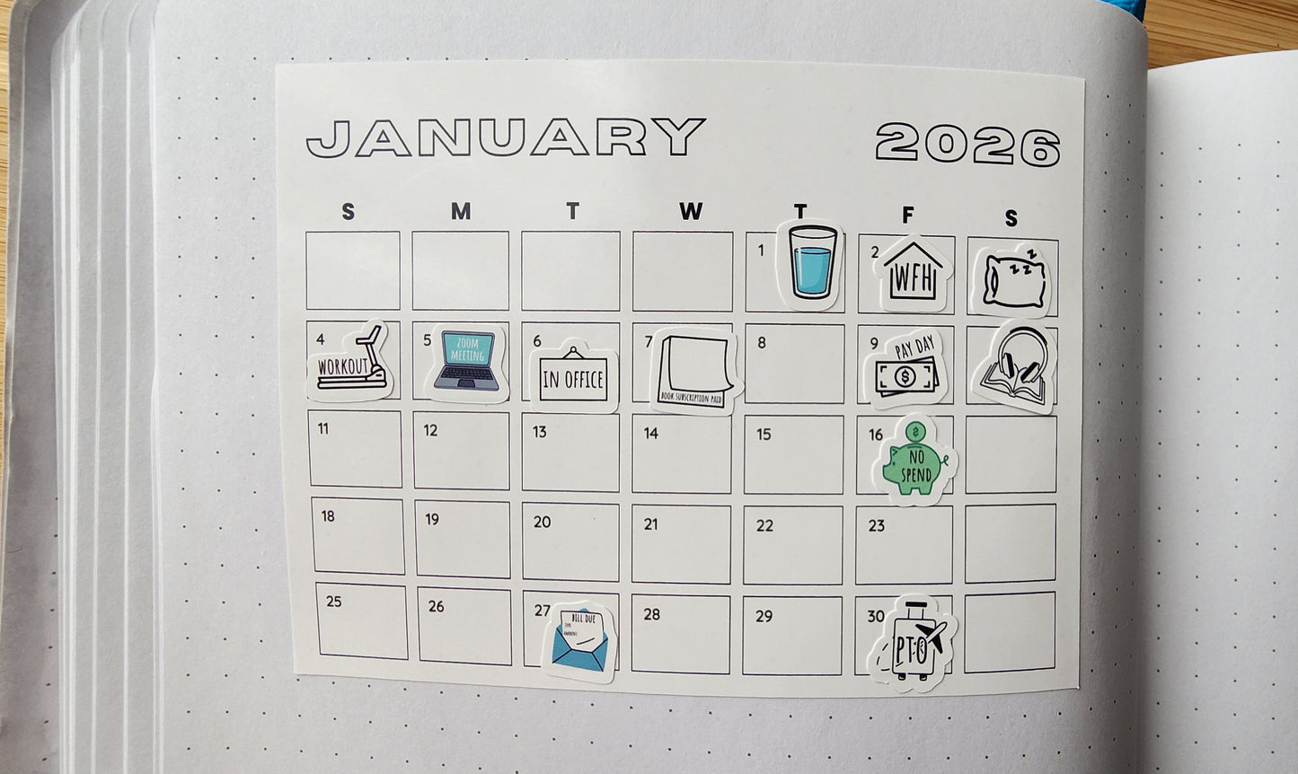 Mini 2026 Calendar Stickers | 12 Months | For Planner Bullet Junk Journal