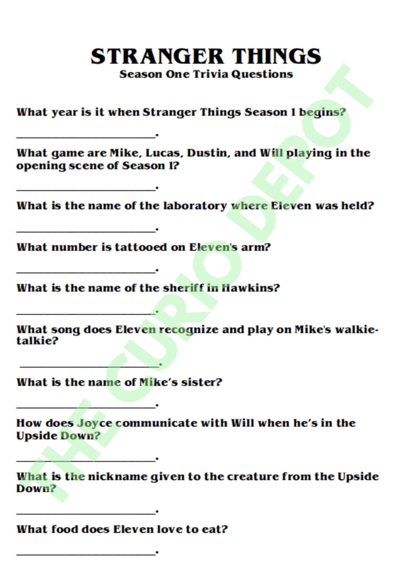 DIGITAL ST Trivia Question Sheets and Answers