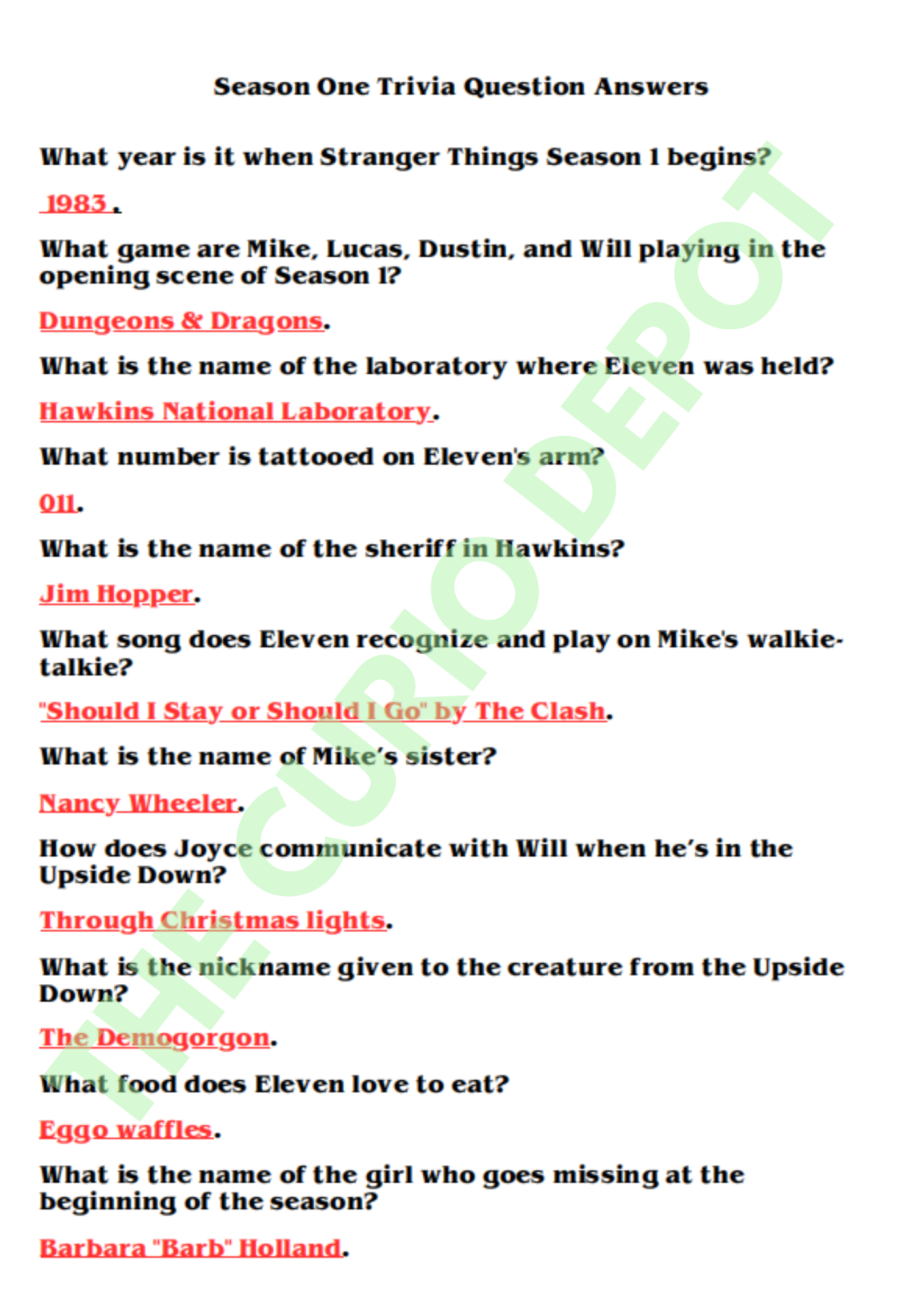 DIGITAL ST Trivia Question Sheets and Answers