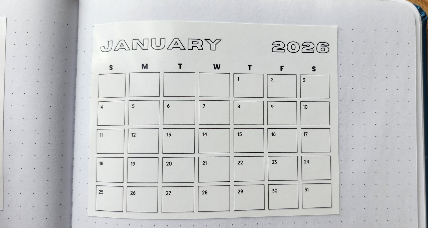 Mini 2026 Calendar Stickers | 12 Months | For Planner Bullet Junk Journal