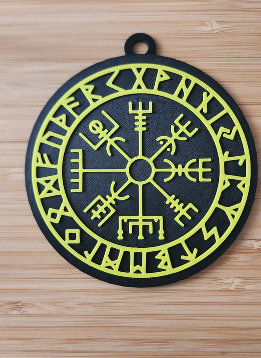 3" 3D Printed Yellow/Black Vegvísir Compass plaque Viking Norse Decor Elder Futhark Runes