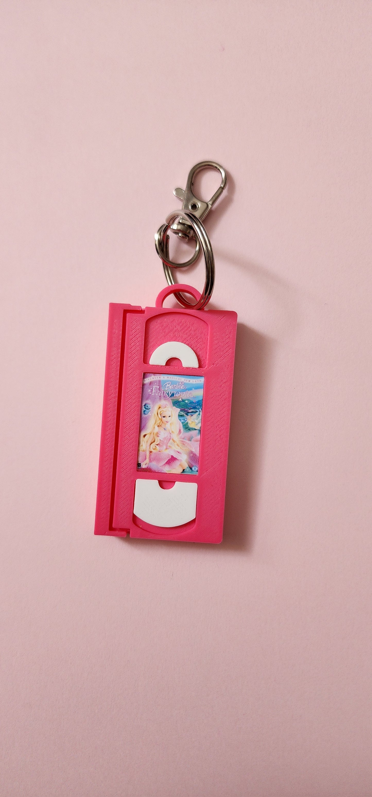 2" 3D Printed Pink fairy Miniature VHS Keychain | 80s 90s Nostalgia For Birthday Gift Party Favor | Clip on Backpack Purse Keys