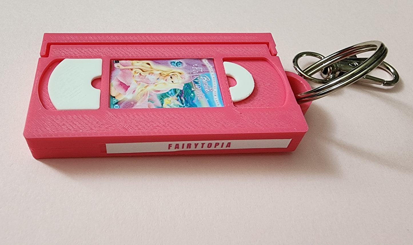 2" 3D Printed Pink fairy Miniature VHS Keychain | 80s 90s Nostalgia For Birthday Gift Party Favor | Clip on Backpack Purse Keys