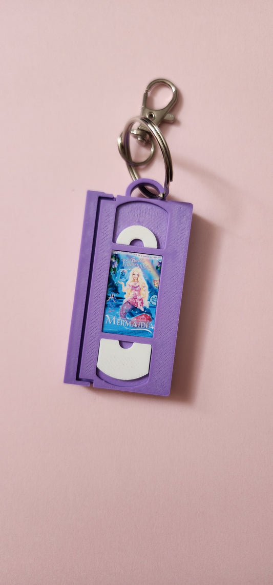 2" 3D Printed Purple Mermaid Miniature VHS Keychain | 80s 90s Nostalgia For Birthday Gift Party Favor | Clip on Backpack Purse Keys