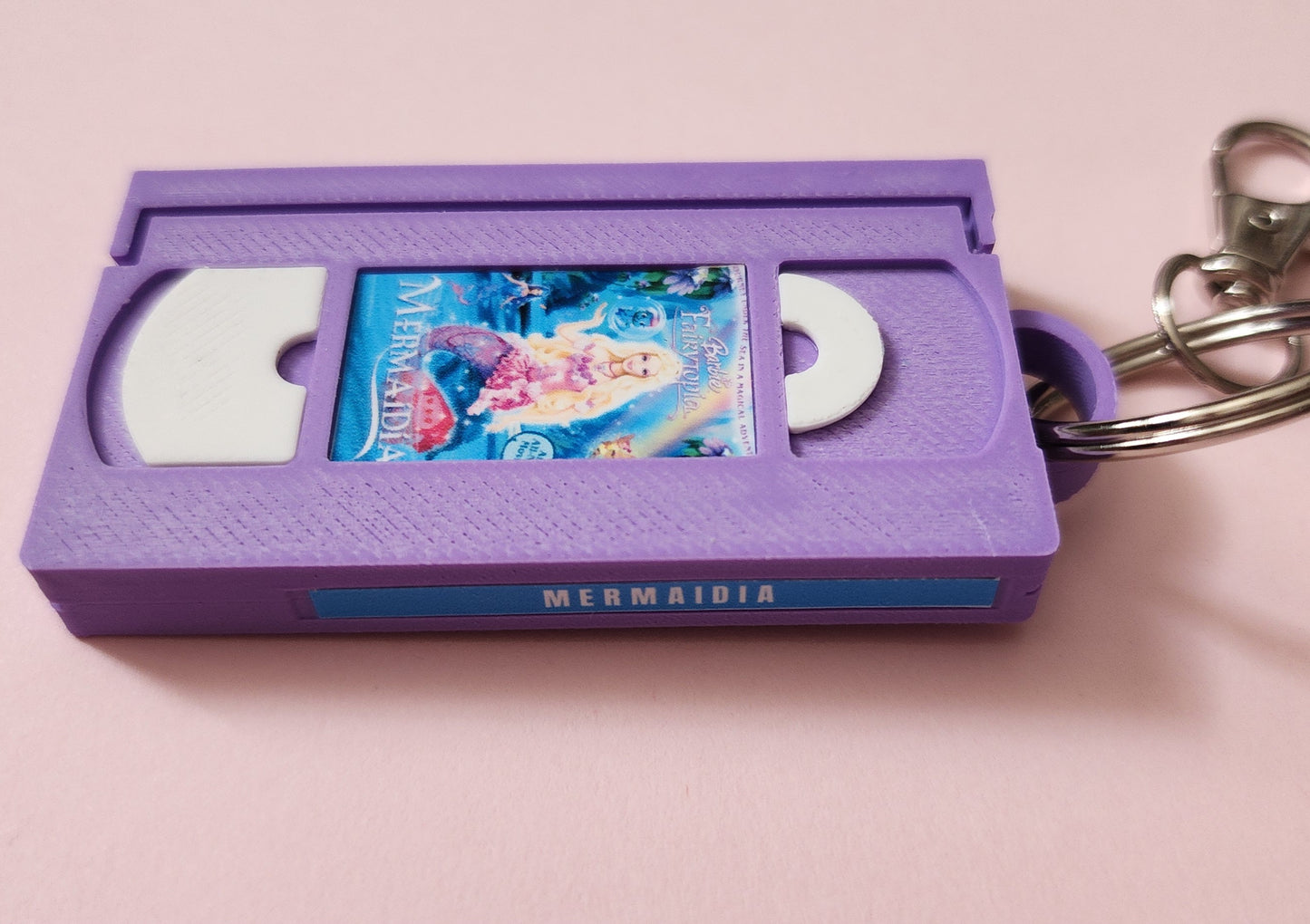 2" 3D Printed Purple Mermaid Miniature VHS Keychain | 80s 90s Nostalgia For Birthday Gift Party Favor | Clip on Backpack Purse Keys
