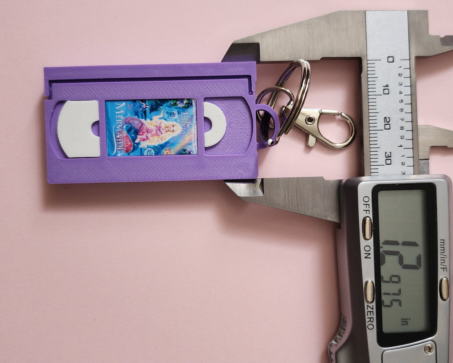 2" 3D Printed Purple Mermaid Miniature VHS Keychain | 80s 90s Nostalgia For Birthday Gift Party Favor | Clip on Backpack Purse Keys
