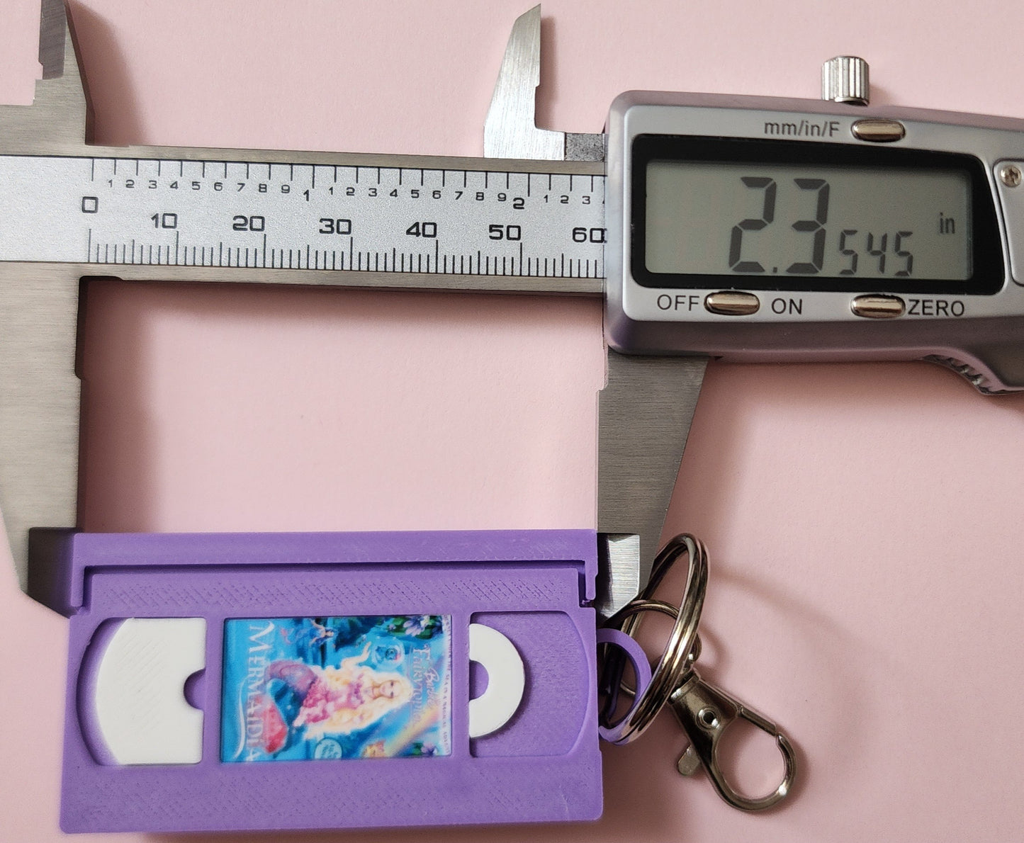 2" 3D Printed Purple Mermaid Miniature VHS Keychain | 80s 90s Nostalgia For Birthday Gift Party Favor | Clip on Backpack Purse Keys
