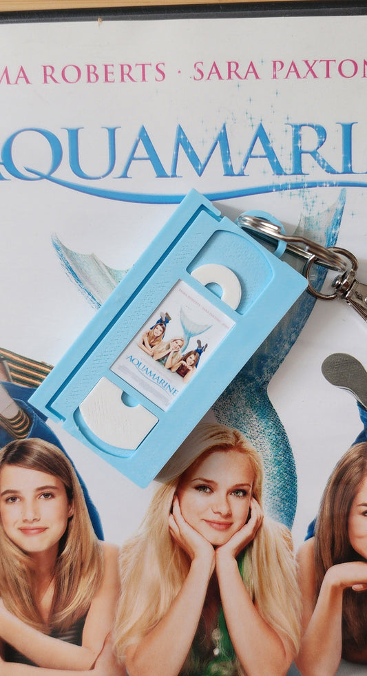 2" 3D Printed Blue Teens Mermaid Miniature VHS Keychain | 80s 90s Nostalgia For Birthday Gift Party Favor | Clip on Backpack Purse Keys