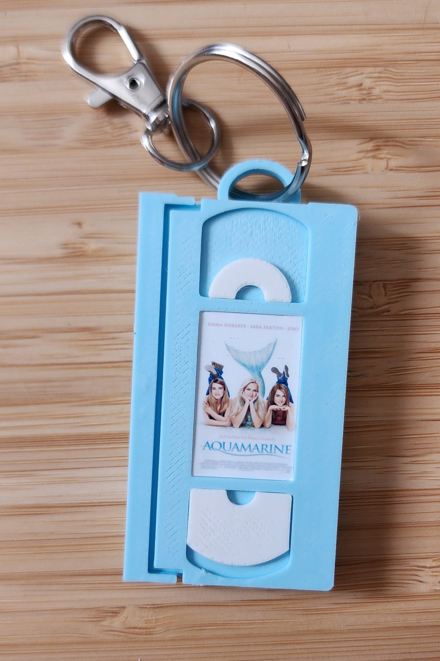 2" 3D Printed Blue Teens Mermaid Miniature VHS Keychain | 80s 90s Nostalgia For Birthday Gift Party Favor | Clip on Backpack Purse Keys