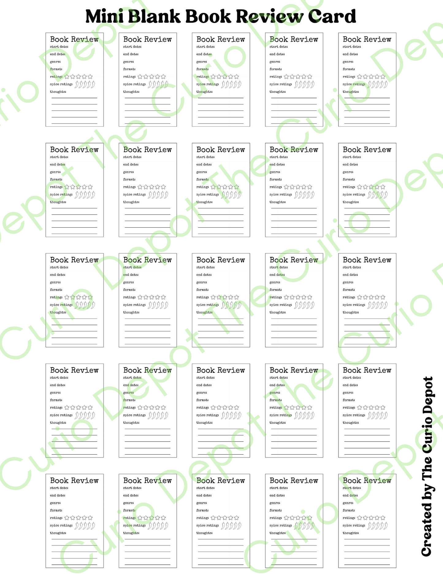 DIGITAL Download Printable Mini Blank Book Review Library Card | For Bullet Junk Journal Scrapbooking Reading Tracker